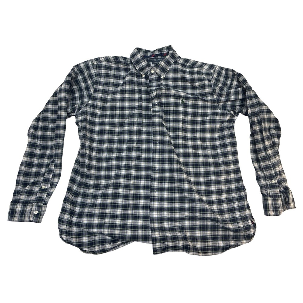 Ralph Lauren Custom Fit Plaid Button Shirt Mens XL Navy Blue Green Long Sleeve